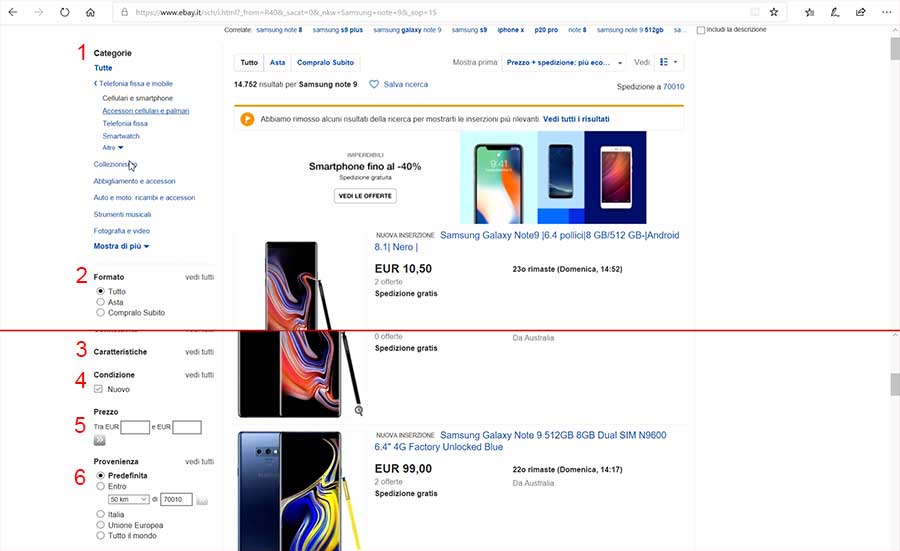 errore filtri annunci ebay