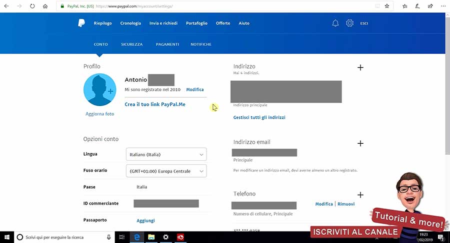 impostazioni conto paypal