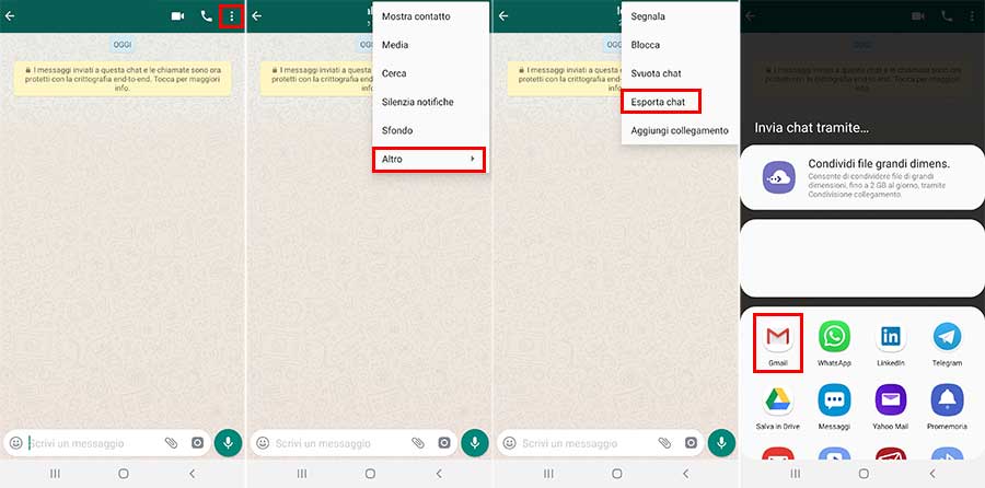 esporta chat whatsapp con gmail