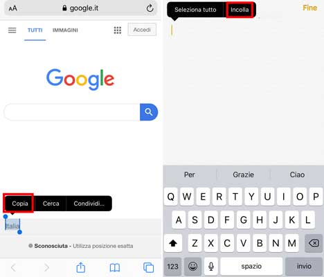 copia e incolla iphone