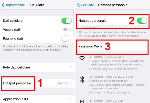 come attivare hotspot iphone