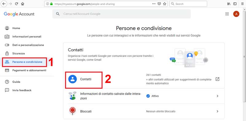 salvare contatti su account google