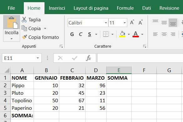 foglio di lavoro excel