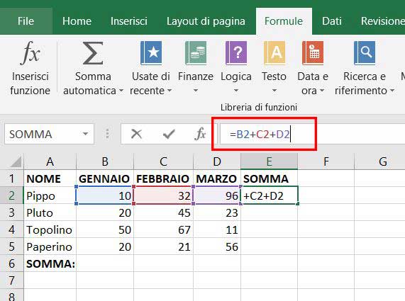 somma manuale riga excel