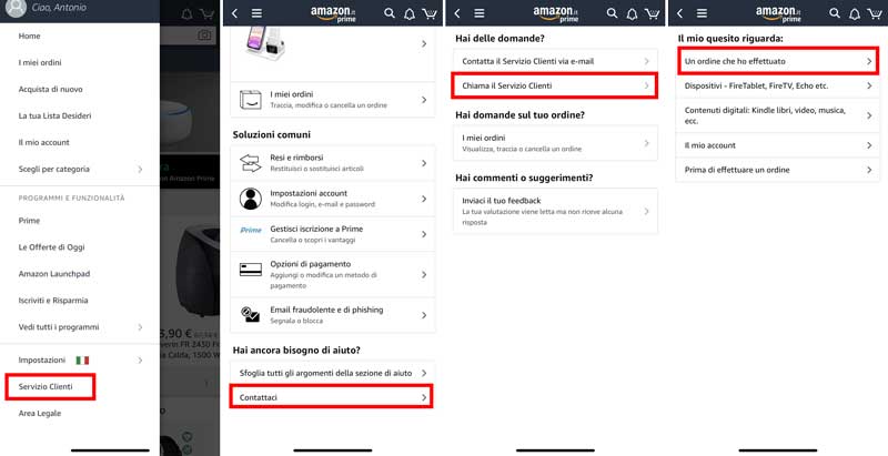 servizio clienti app amazon