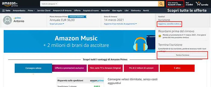 come disdire amazon prime 2