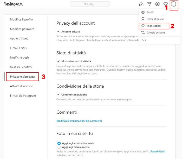 come rendere privato profilo instagram da pc