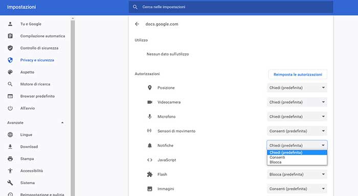 bloccare notifiche sito chrome 2