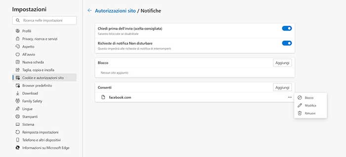 bloccare notifiche sito edge