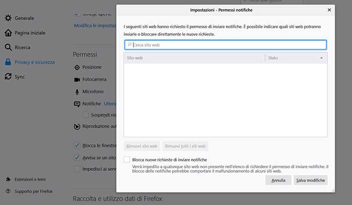 bloccare notifiche sito firefox