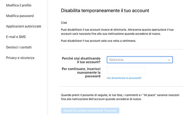 disattivare account instagram