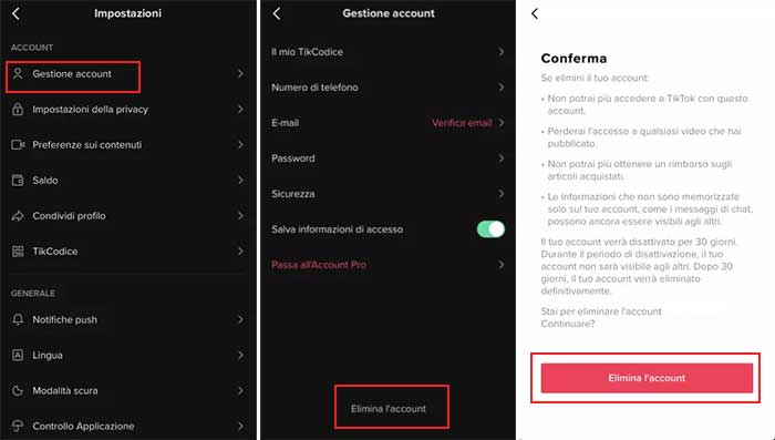 eliminare account tiktok