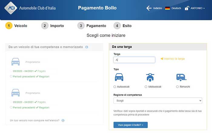 pagare bollo auto online sito aci