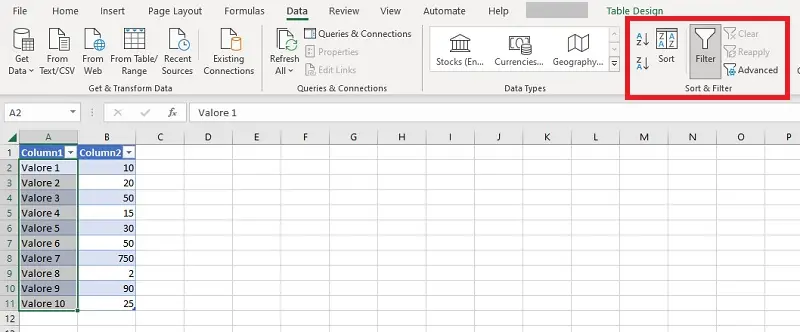gestione delle tabelle excel 2