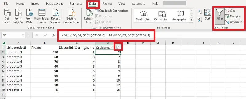 ordinamento e filtro dei dati 4