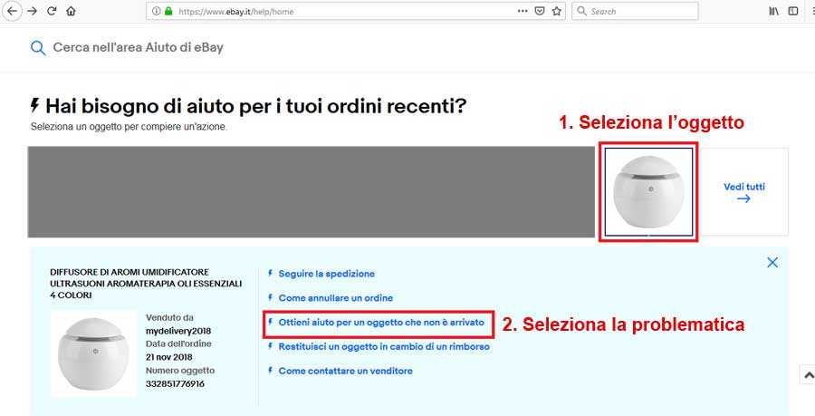 seleziona problema ebay