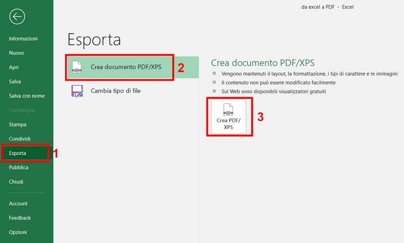 esporta excel in pdf