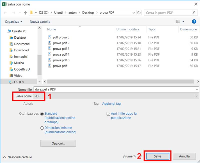 salva con nome excel in pdf